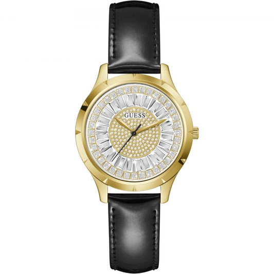 Gold GUESS Mod. GW0299L2 quartz watch with black leather strap, adorned with crystal detailing and silver dial, 5 ATM water resistant.