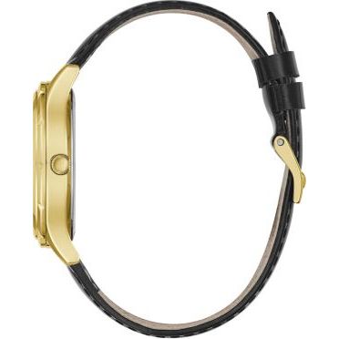 Side view of a wristwatch with a gold case and black leather strap