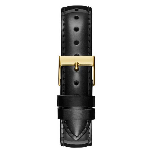 Black leather watch strap with gold buckle