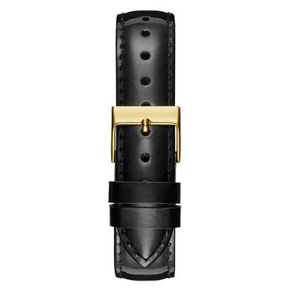 Black leather watch strap with gold buckle