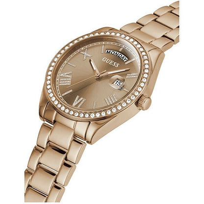 Rose gold analog watch with crystal accents and day-date display, similar design to GUESS Mod. GW0307L3, elegant ladies' timepiece.