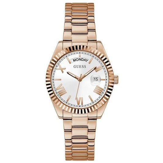Rose gold watch with calendar function, featuring day-date display, stylish design. GUESS Mod. GW0308L3 for women.