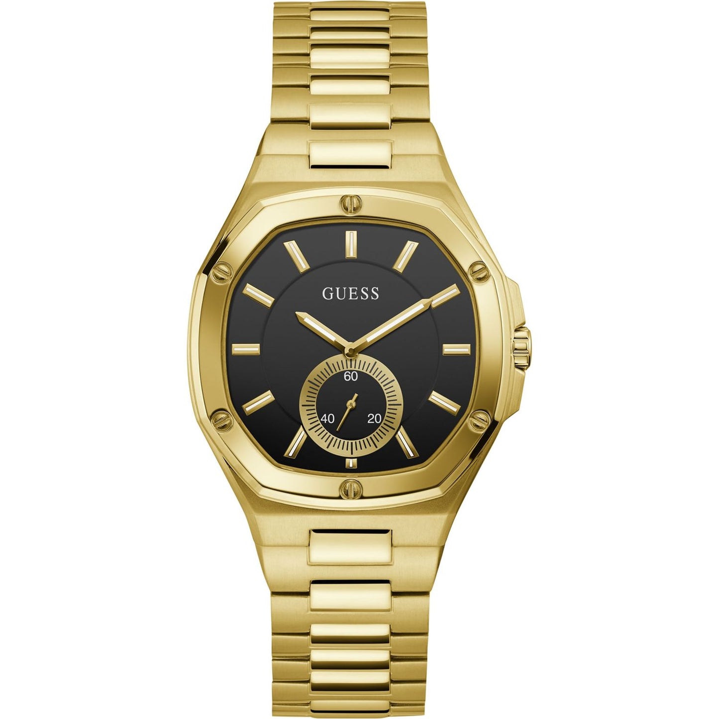 GUESS Mod. GW0310L2 ladies' watch with quartz movement, 40mm case, mineral dial, and gold-tone bracelet, water resistant 5 ATM, in official packaging.