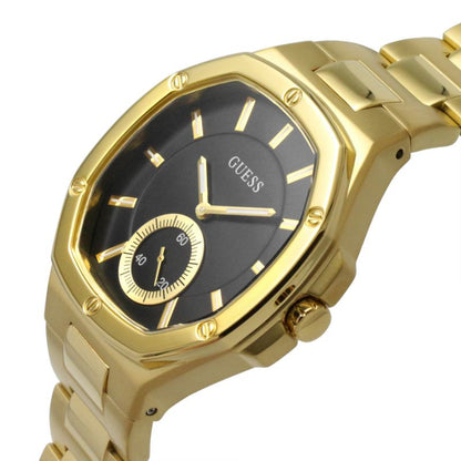 GUESS Mod. GW0310L2 gold-tone women's watch with black dial and stainless steel bracelet, featuring quartz movement and calendar function.