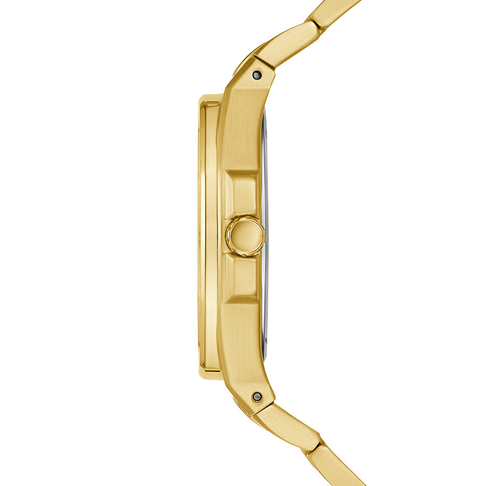 Side view of GUESS Mod. GW0310L2 gold watch featuring a 40mm mineral case, 5 ATM water resistance, and quartz movement.