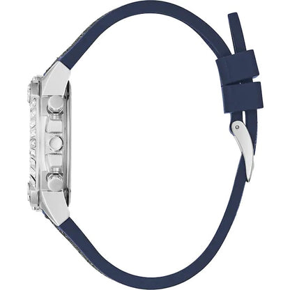 Side view of GUESS Mod. GW0313L1 watch with blue strap and silver 925° case showcasing quartz analog movement and 5 ATM water resistance.