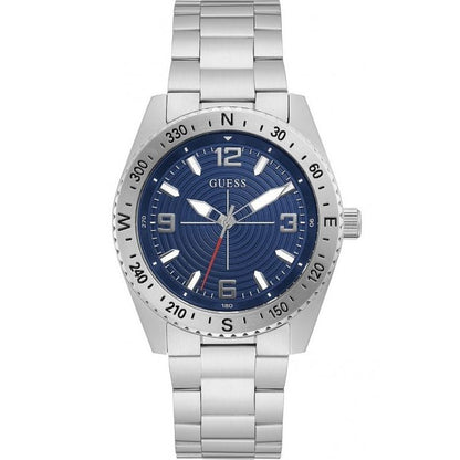 Silver watch with blue dial, GUESS Mod. GW0327G1, gent's quartz analog, 5 ATM water resistant, in official packaging, 42mm case.
