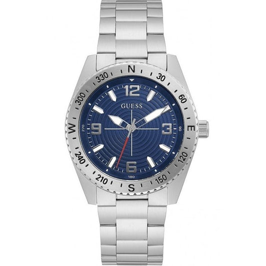 Silver watch with blue dial, GUESS Mod. GW0327G1, gent's quartz analog, 5 ATM water resistant, in official packaging, 42mm case.
