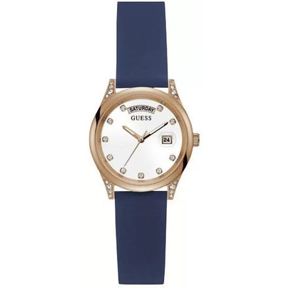 GUESS Mod. GW0356L1 Ladies Silver 925° Quartz Analog Watch with Calendar, 31mm Mineral Dial, Water Resistant 3 ATM, Blue Strap.