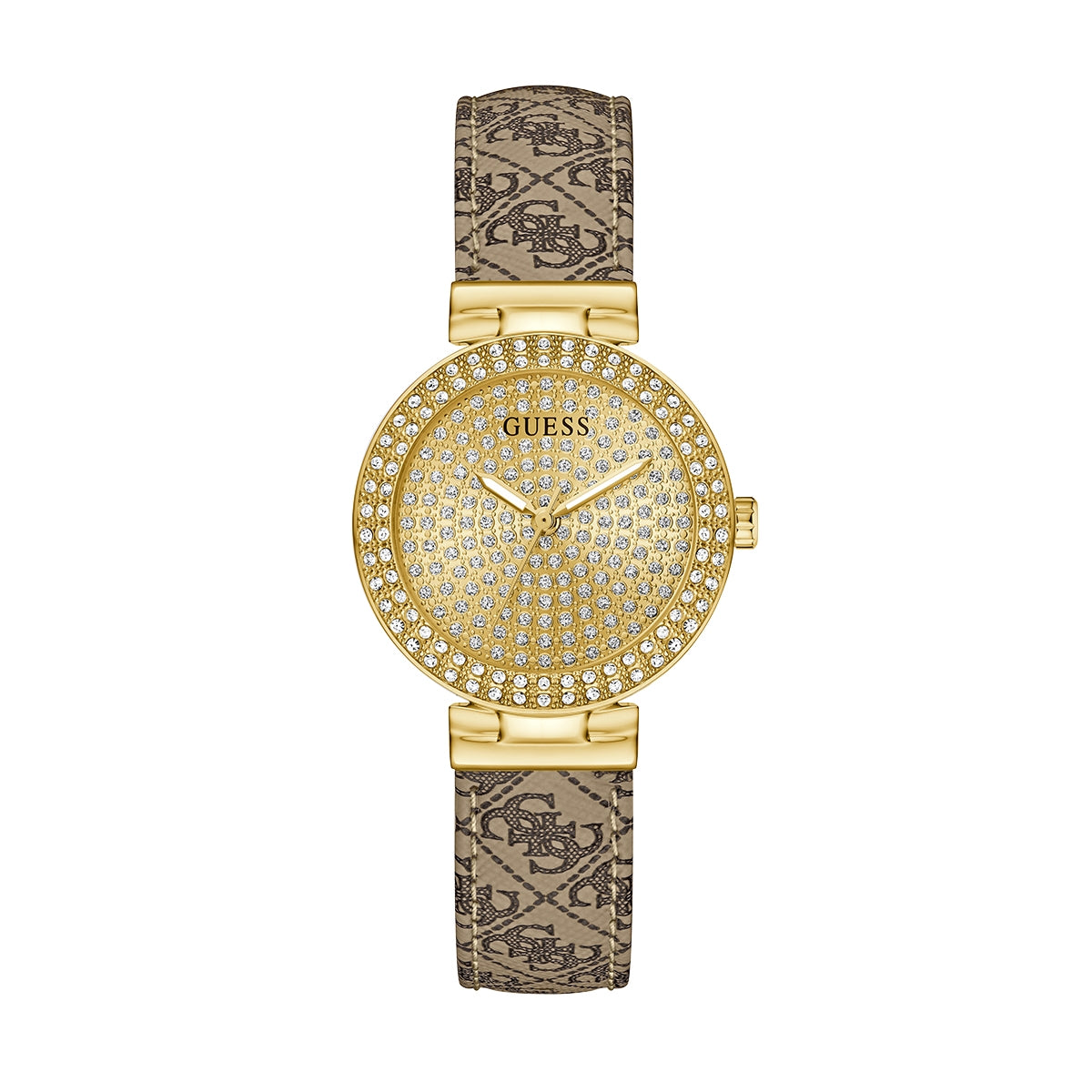 GUESS Mod. IVY 32 gold watch with crystal-studded dial and patterned strap, luxury fashion accessory