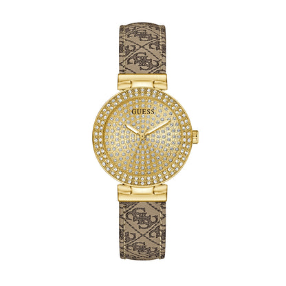 GUESS Mod. IVY 32 gold watch with crystal-studded dial and patterned strap, luxury fashion accessory