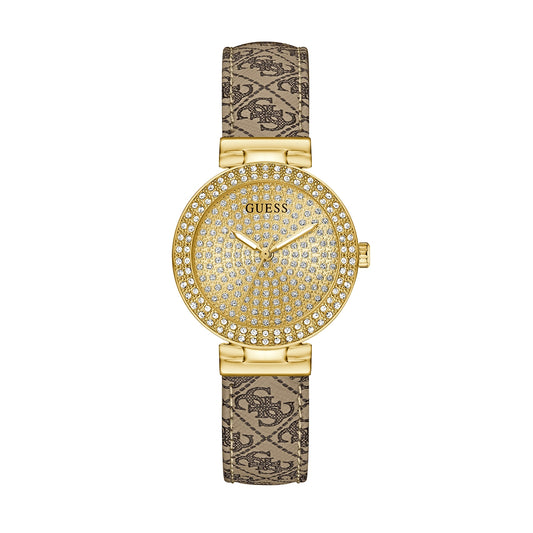 Elegant GUESS Mod. IVY 32 gold watch with crystals and monogram strap, showcasing luxury and style.