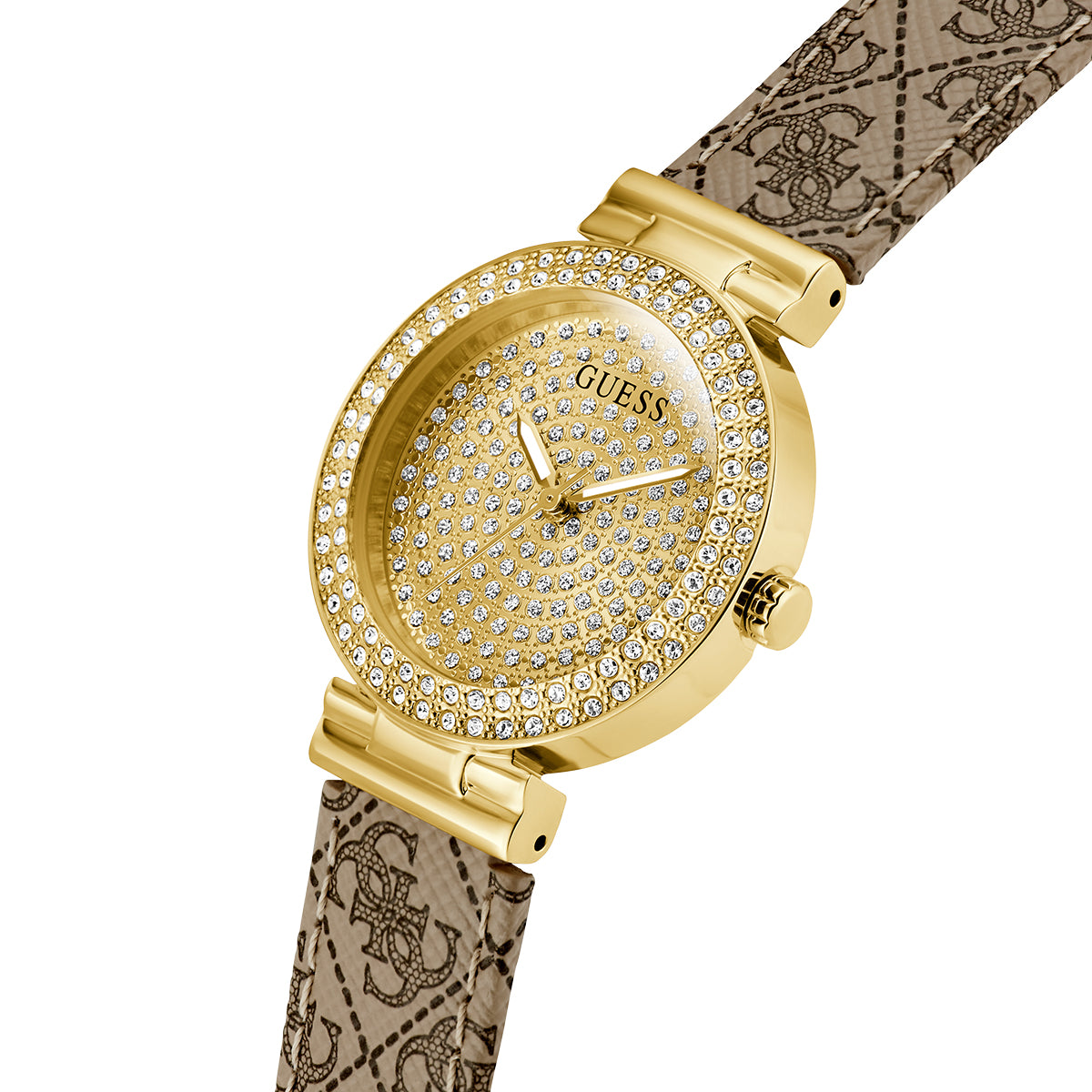 Luxury GUESS Mod. IVY 32 watch with gold-tone case and crystal-embellished dial, featuring a stylish patterned strap.