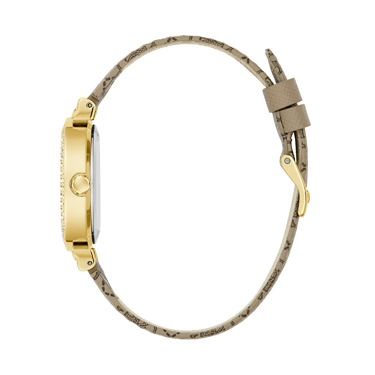 Side view of the GUESS Mod. IVY 32 watch with a gold case and patterned beige strap.