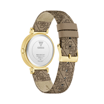 Back view of GUESS Mod. IVY 32 watch with gold case and patterned brown leather strap.