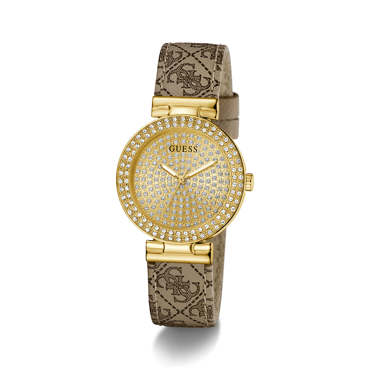 Elegant watch with gold details and patterned strap, GUESS Mod. IVY 32, perfect for stylish timekeeping.
