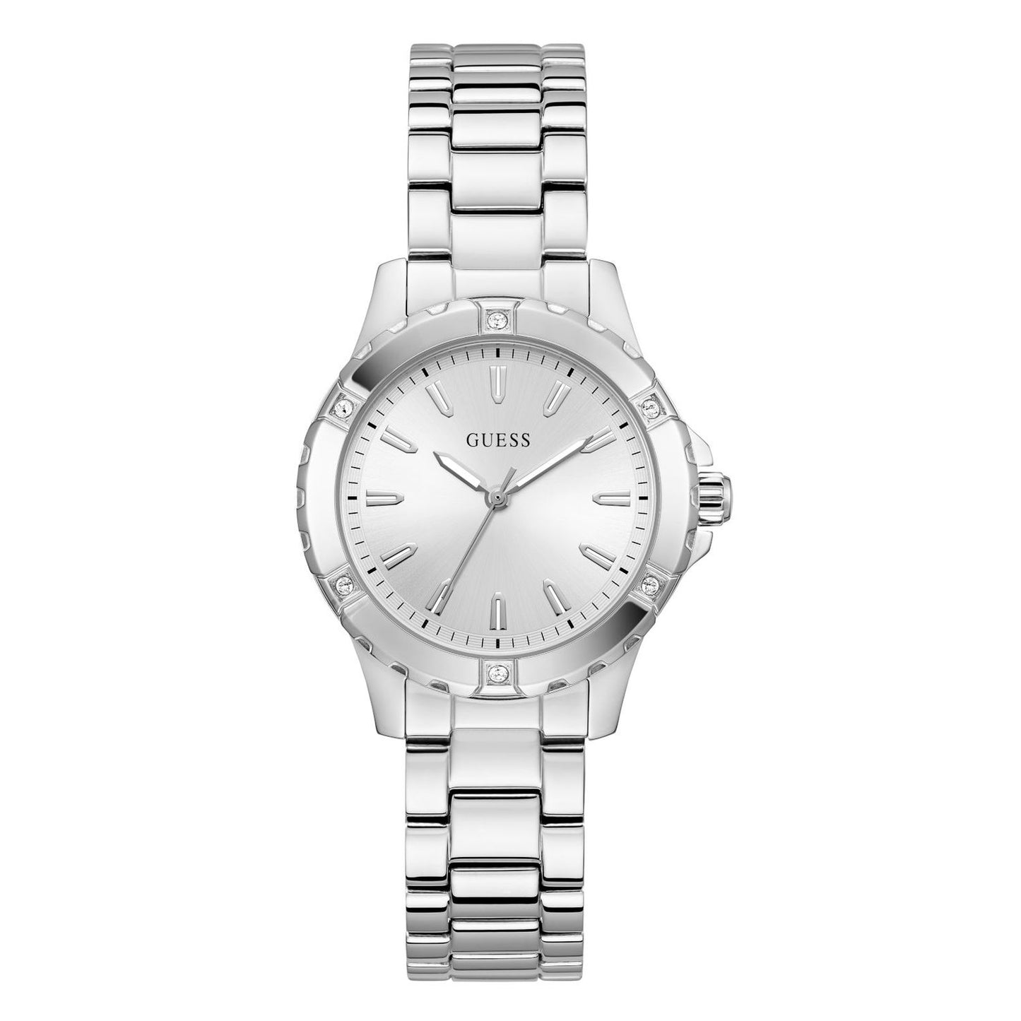Alt Tag: GUESS Mod. MIST silver wristwatch with stainless steel strap and minimalist design, perfect for stylish accessorizing.