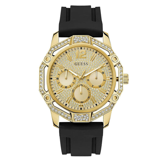 Gold and black watch, GUESS Mod. REGAL, with diamond-studded bezel and strap, showcasing luxury design.