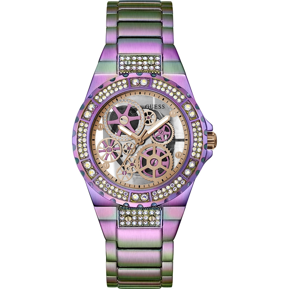 GUESS WATCHES Mod. REVEAL IRIDESCENT with purple and green iridescent design featuring crystal embellishments and skeleton dial.