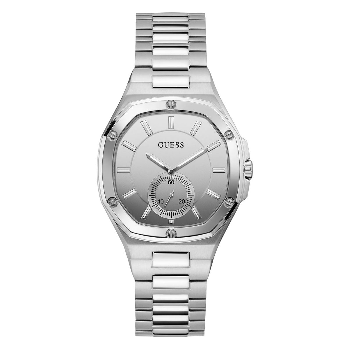 Alt Tag: GUESS Mod. GW0310L1 silver quartz analog watch for ladies with official box, 3 ATM water resistance, 38 mm case, mineral dial.