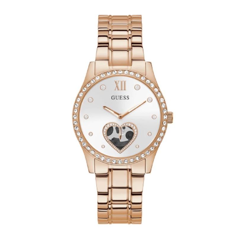 GUESS Mod. GW0380L3 ladies watch with rose gold finish and heart detail, quartz analog movement, 5 ATM water resistance, 38mm case.
