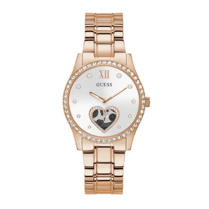 GUESS Mod. GW0380L3 ladies watch with rose gold finish and heart detail, quartz analog movement, 5 ATM water resistance, 38mm case.