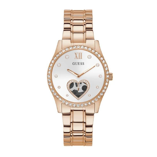 Rose gold GUESS Mod. GW0380L3 quartz analog lady's watch with crystal accents and heart detail, water resistant, 38mm case.