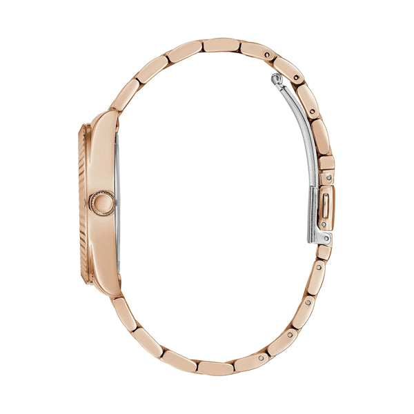 Side view of a rose gold watch with linked bracelet, suitable for ladies, showcasing the slim profile of its Quartz Analog movement case.