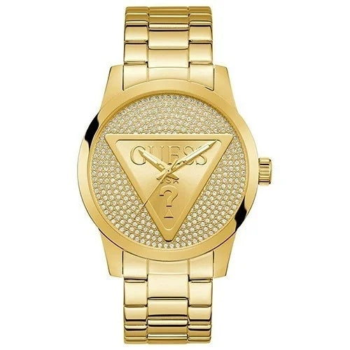 GUESS Mod. BADGE gold-tone watch with a crystal-studded dial and bracelet.