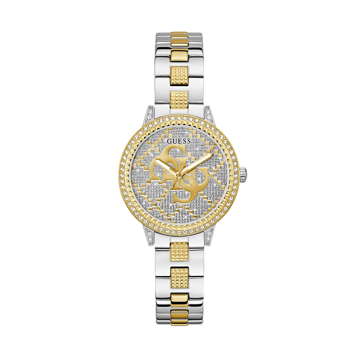 GUESS Mod. G Lace women's gold and silver watch with a detailed face and bracelet design.