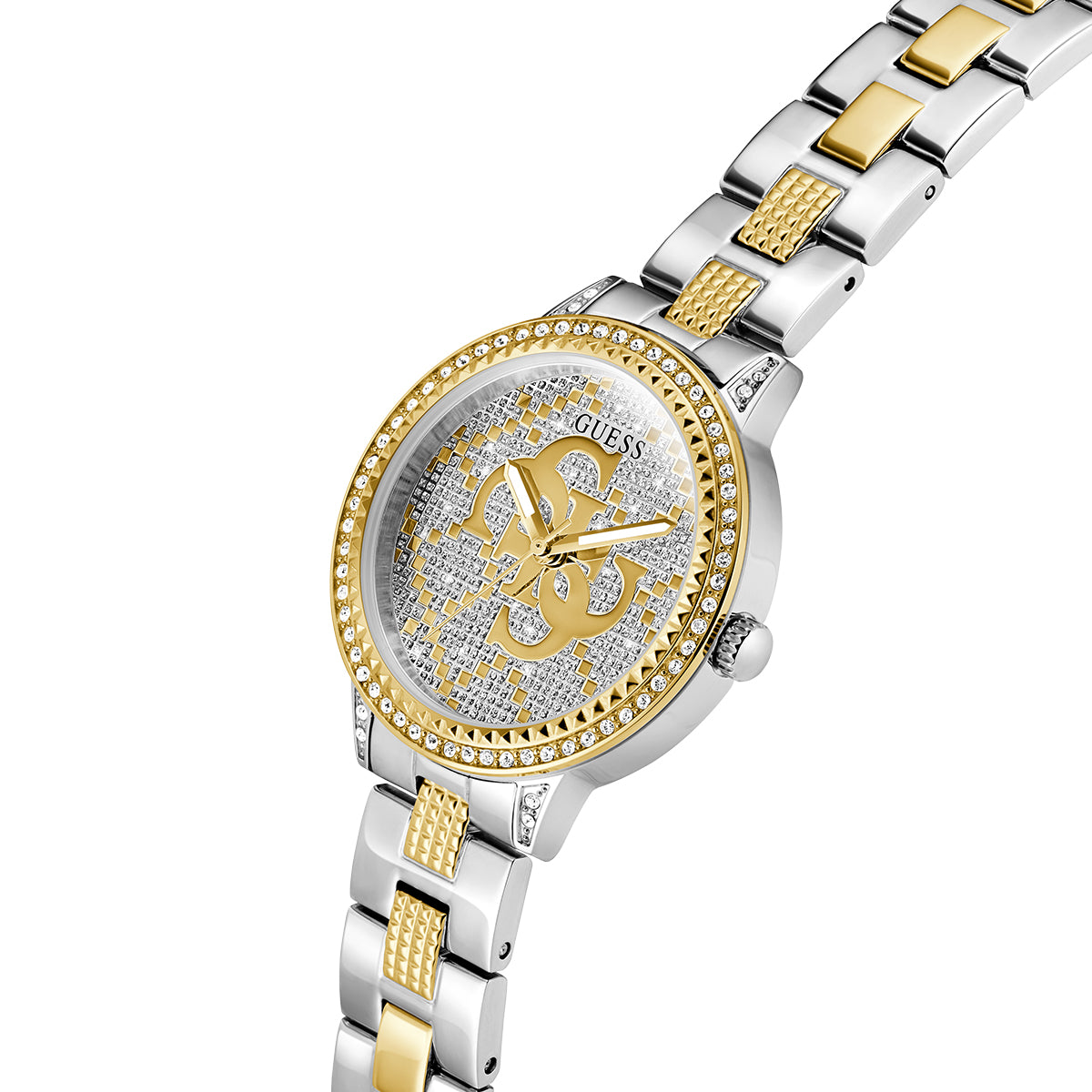 GUESS Mod. G Lace watch with gold and silver bracelet, featuring intricate logo design on the dial.