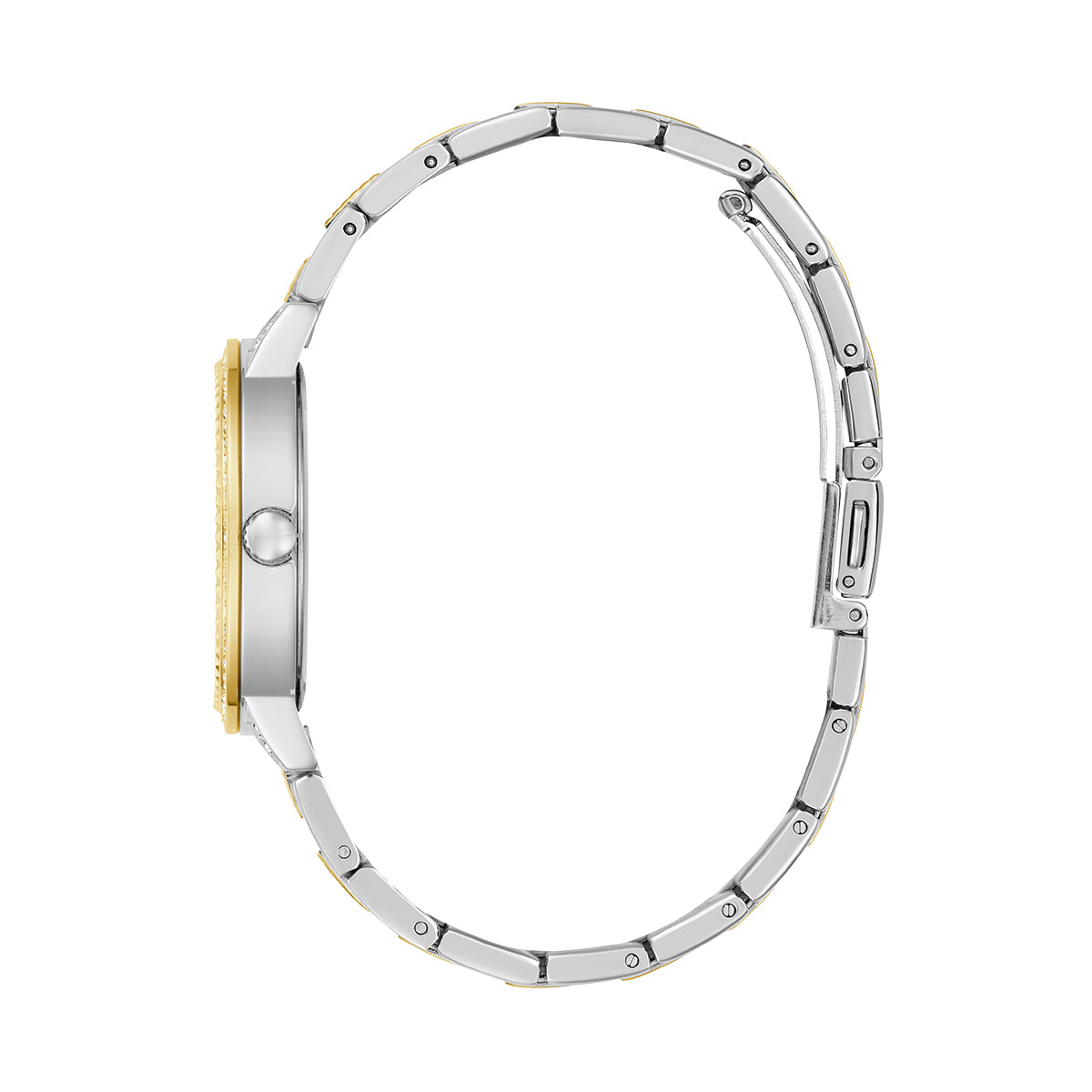 Side view of the GUESS Mod. G Lace watch showcasing its sleek metallic band and slim profile design.