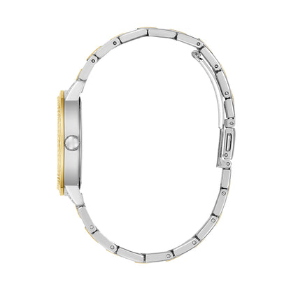 Side view of the GUESS Mod. G Lace watch showcasing its sleek metallic band and slim profile design.