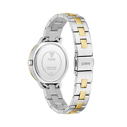Back view of GUESS Mod. G Lace watch with silver and gold-tone bracelet