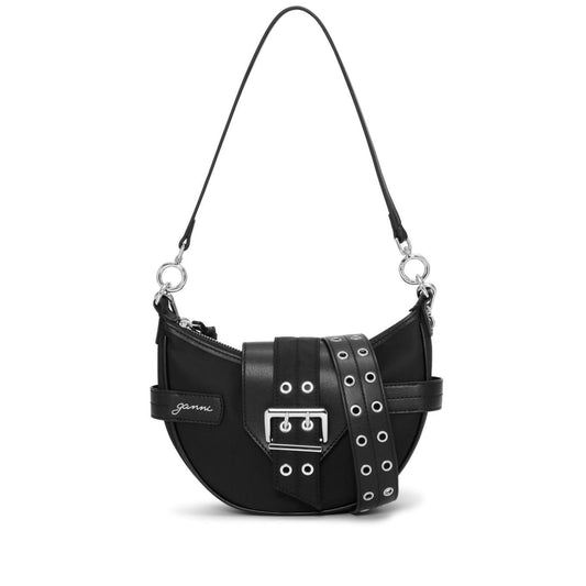 Ganni Bucky Small Shoulder Bag in black recycled nylon with embossed logo, buckle and zip fastening, adjustable and detachable strap, eco-friendly design