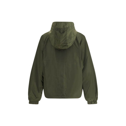 Ganni Green Nylon Shell Jacket with hood and GANNI logo patch, waterproof and stylish, rear view, AW25 season, 100% nylon.