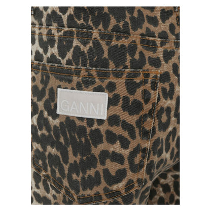 Ganni Multicolor Cotton Casual Pants with animal print, monogram patch, and five-pocket flared style for AW25 season.