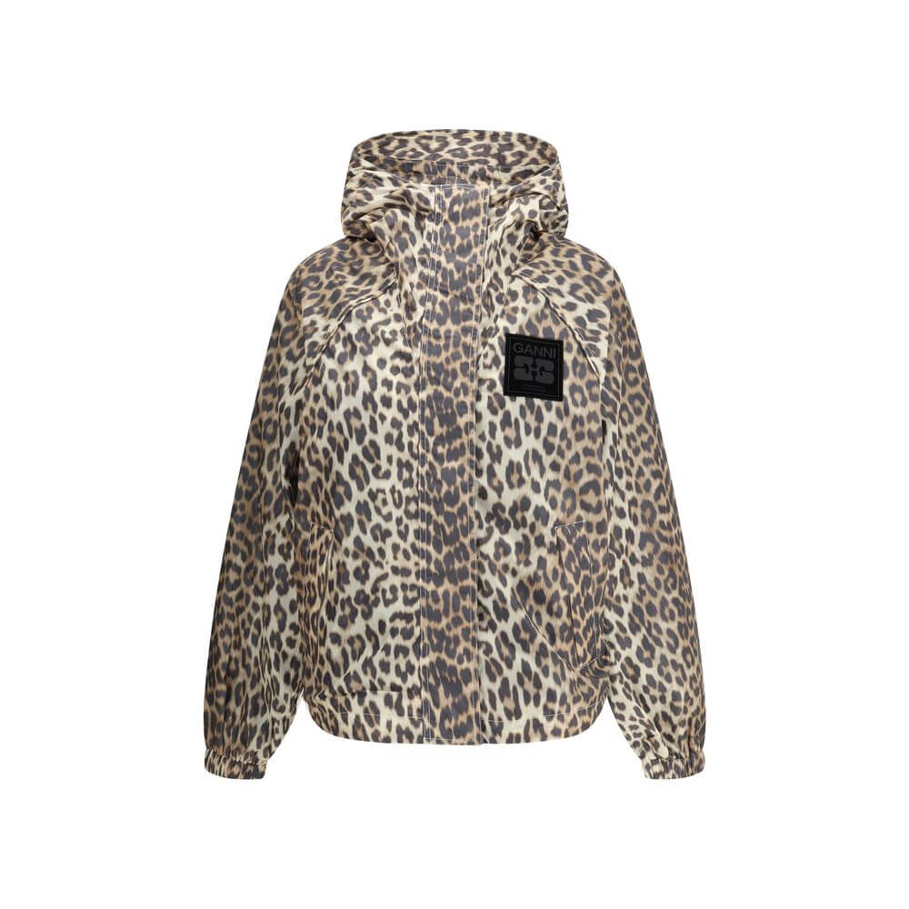 Ganni Multicolor Nylon Rain Coat with leopard print, hood, and front zipper, featuring a GANNI logo patch for an urban style.