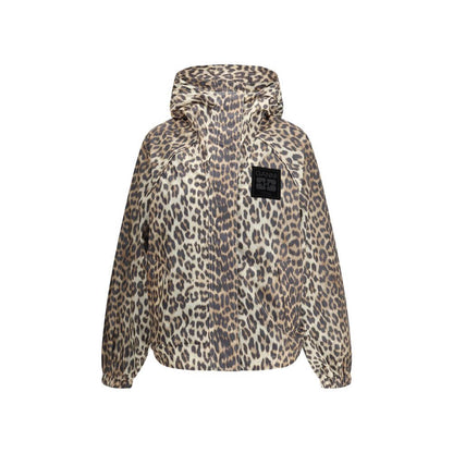 Ganni Multicolor Nylon Rain Coat with leopard print, hood, and front zipper, featuring a GANNI logo patch for an urban style.
