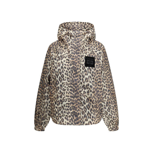 Ganni Multicolor Nylon Rain Coat with leopard print, hood, and front zipper, featuring a GANNI logo patch for an urban style.
