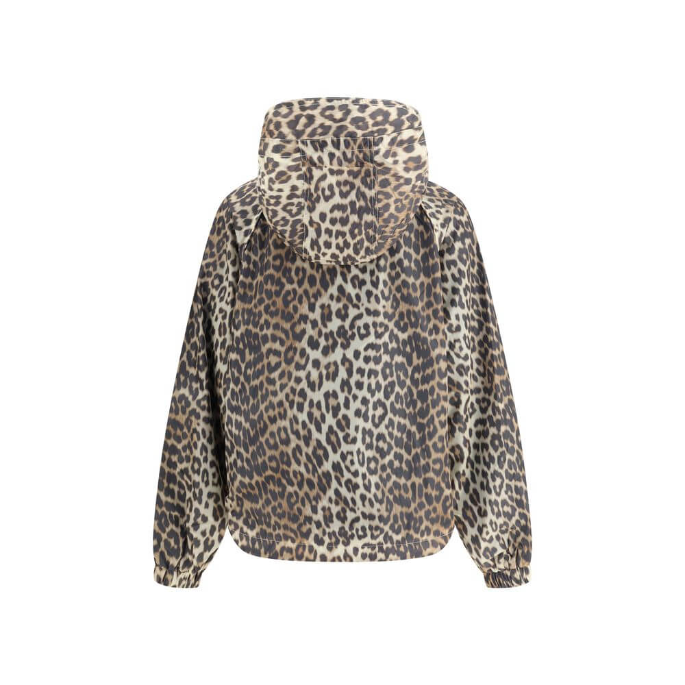 Ganni Multicolor Nylon Rain Coat with leopard print, featuring an integrated hood and functional design for urban style.