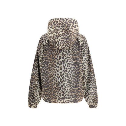 Ganni Multicolor Nylon Rain Coat with leopard print, featuring an integrated hood and functional design for urban style.