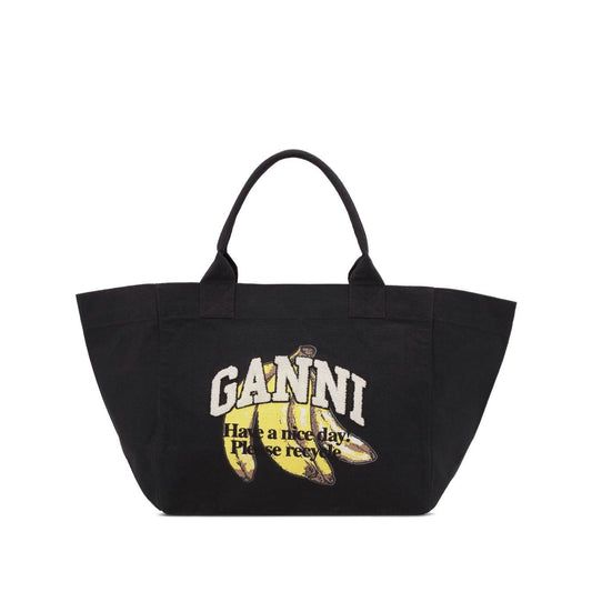 Ganni Organic cotton XXL tote bag with black graphic print, logo, and top handles.