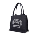 Ganni Organic cotton large tote bag with black color and top handles, eco-friendly design made from 50% organic materials.