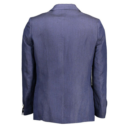 Back view of Gant Blue Linen Men Jacket showcasing tailored fit and stylish design