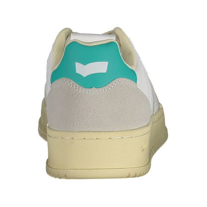 Back view of Gas White Artificial Leather Women Sneaker with contrasting teal detail on heel and beige sole.