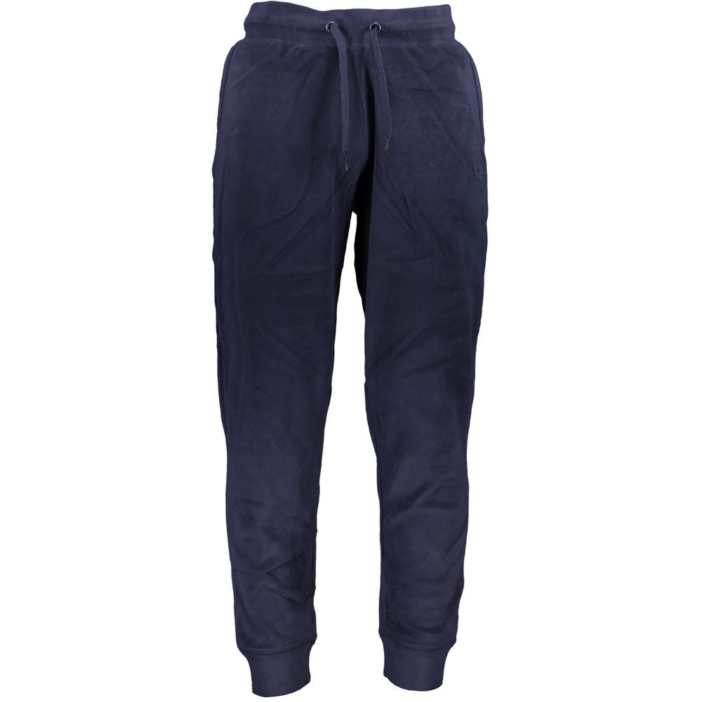 Gianmarco Venturi Blue Polyester Pant, fleece sports trousers with elastic waist, lace, pockets, ankle cuffs, embroidery, and logo.