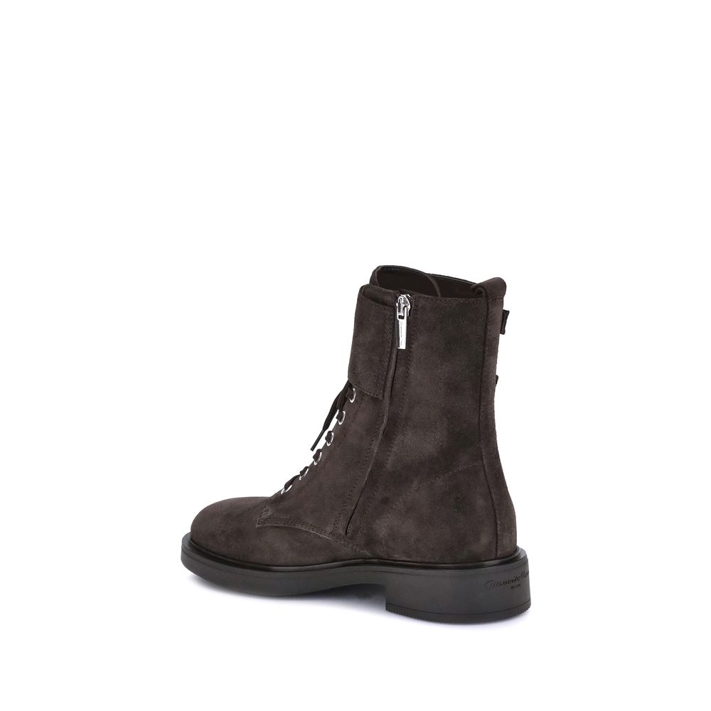 Gianvito Rossi Black Calf Leather Bos Taurus Lace-Up Boots with side zipper and buckles, viewed from the back, showcasing block heel.