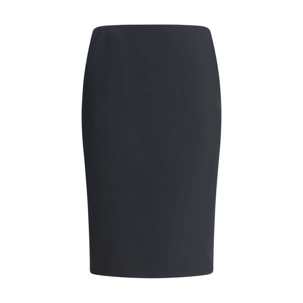 Giorgio Armani Black Recycled Polyester Midi Skirt with clean lines, back zip closure, and slanted side pockets.