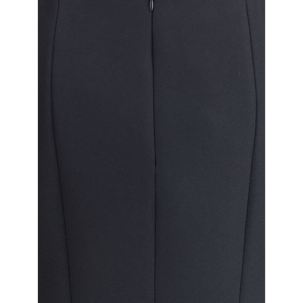 Close-up of Giorgio Armani Black Recycled Polyester Midi Skirt highlighting the back zip closure and elegant silhouette.